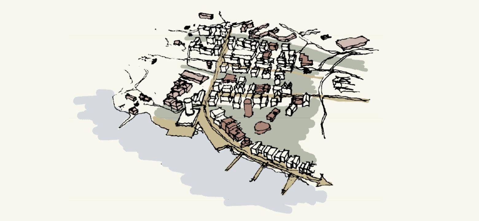 Handritad skiss över ett framtida Rossen Illustration av område vid havet och många hus