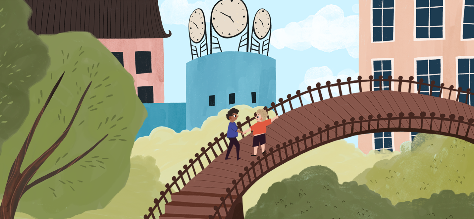 Stadsbiblioteket i illustration av Amanda Valkonen. Tecknad bland grönska och barn. 