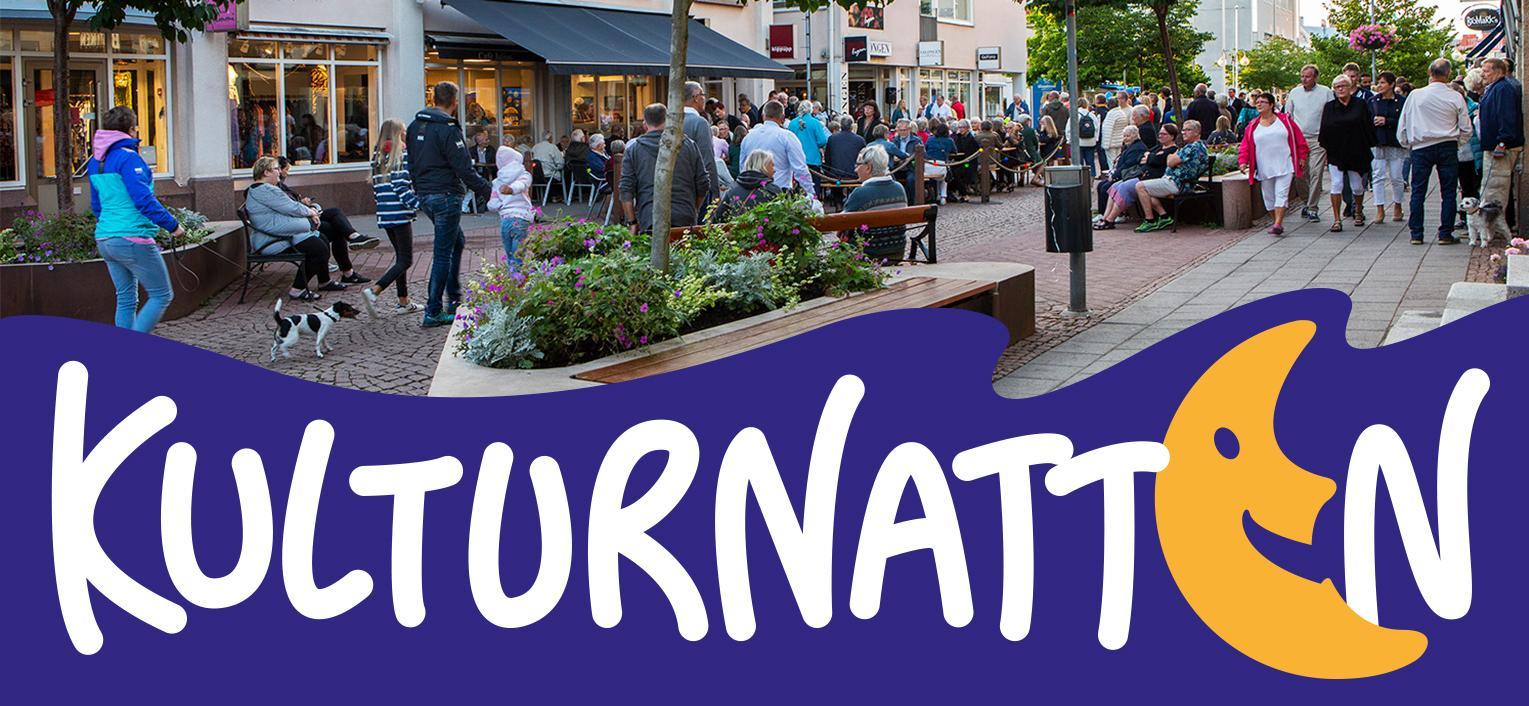 Vy över folkvimmel på Torggatan med Kulturnattens logo. 