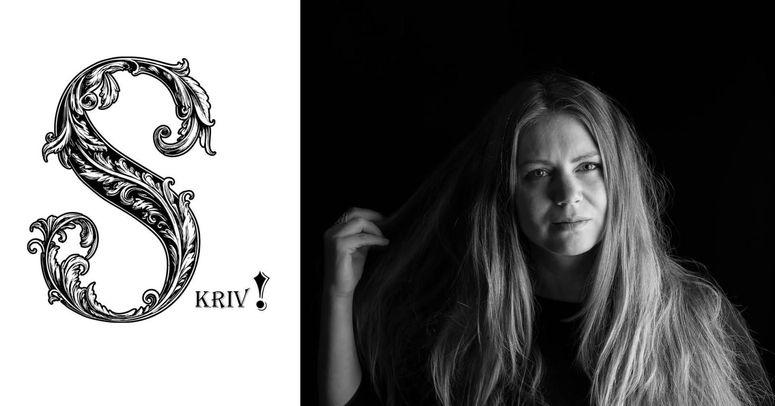 En text som uppmanar till "Skriv!" och ett svartvitt foto på Zandra Lundberg. 